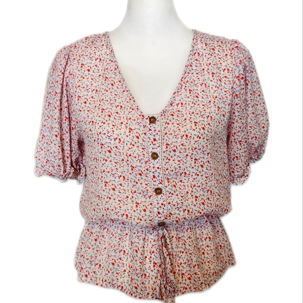 Sienna Sky Puff Sleeve White, Pink, Red Floral Peplum Cropped Blouse, S